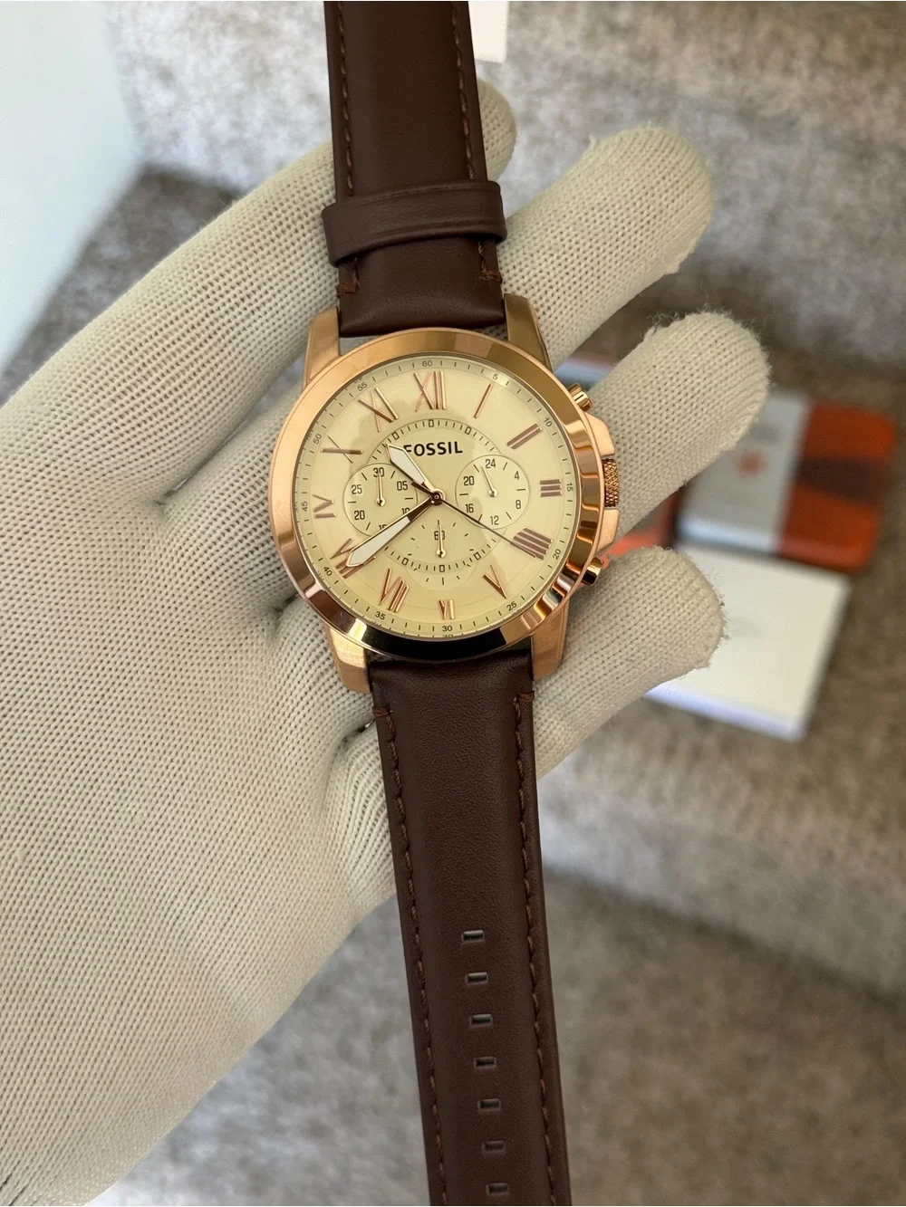 Fossil Rose Gold and Brown Leather Chronograph Watch Mens
